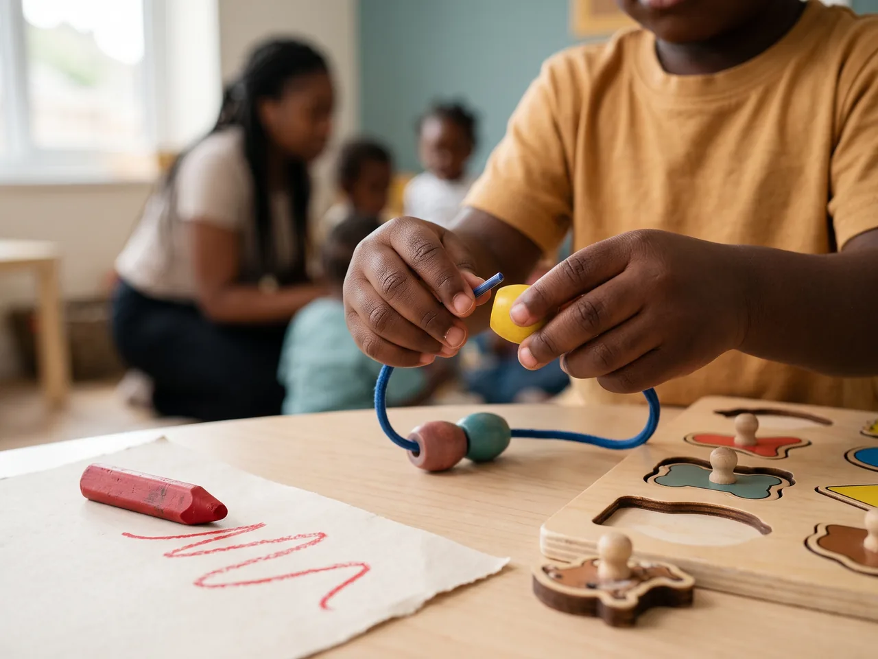 Close-up of a child's hands threading coloured beads onto a lace, beside a chalk crayon with a drawn scribble and a chunky wooden peg puzzle.