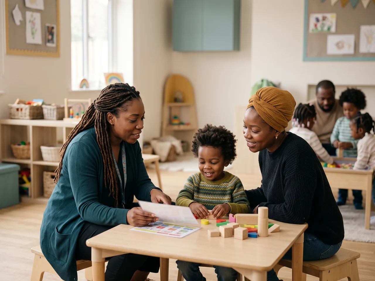 A practitioner and a parent sit beside a child at a low table, sharing a laminated sheet while the child plays with wooden blocks. Another family sits together in the background.